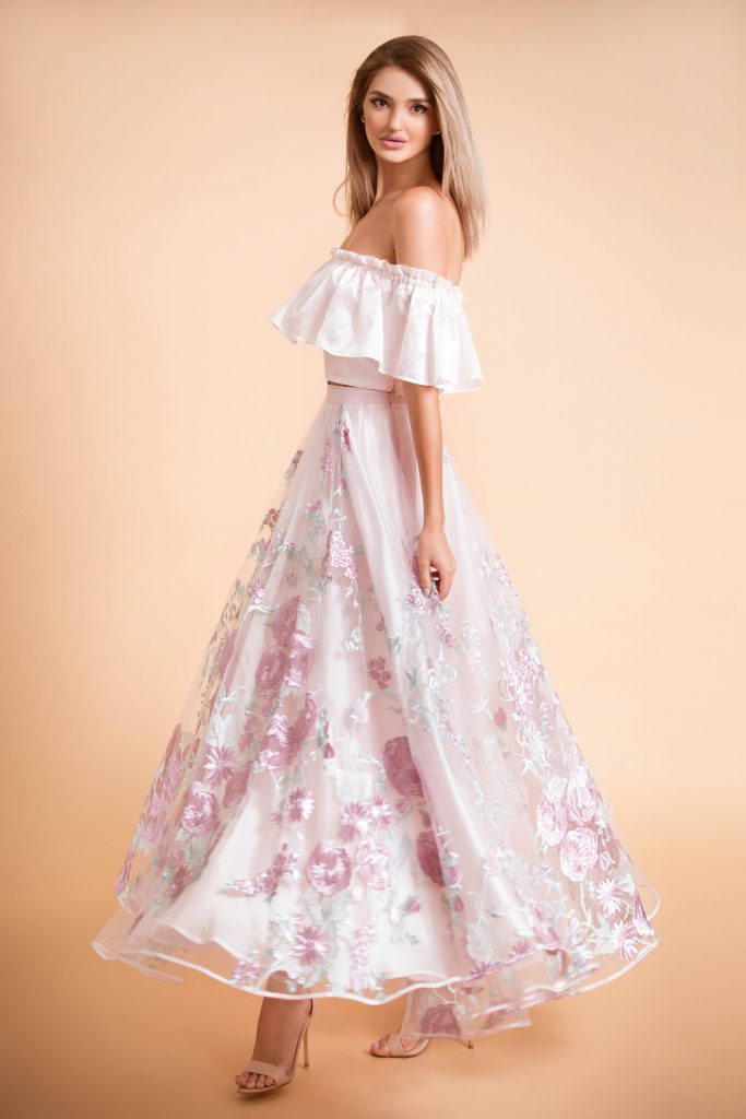 haute couture ivory and pink floral evening dress