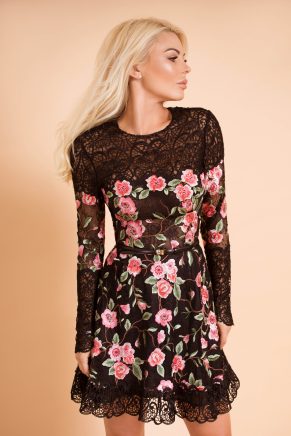 black and pink floral lace cocktail dress 1